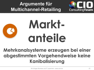 Argumente für
Multichannel-Retailing
Wir bringen Business und IT zusammen - www.cioct.de 23
Mehrkanalsysteme erzeugen bei einer
abgestimmten Vorgehendweise keine
Kanibalisierung
Markt-
anteile
 