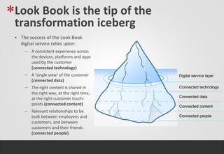 *Look Book is the tip of the
 transformation iceberg
  The success of the Look Book
   digital service relies upon:
     – A consistent experience across
       the devices, platforms and apps
       used by the customer
       (connected technology)
     – A ‘single view’ of the customer     Digital service layer
       (connected data)
     – The right content is shared in      Connected technology
       the right way, at the right time,
       at the right customer touch-        Connected data
       points (connected content)          Connected content
     – Relevant relationships to be
       built between employees and         Connected people
       customers, and between
       customers and their friends
       (connected people)
 