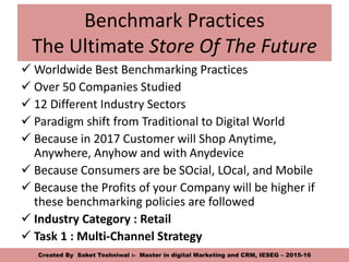 Benchmark Practices
The Ultimate Store Of The Future
 Worldwide Best Benchmarking Practices
 Over 50 Companies Studied
 12 Different Industry Sectors
 Paradigm shift from Traditional to Digital World
 Because in 2017 Customer will Shop Anytime,
Anywhere, Anyhow and with Anydevice
 Because Consumers are be SOcial, LOcal, and Mobile
 Because the Profits of your Company will be higher if
these benchmarking policies are followed
 Industry Category : Retail
 Task 1 : Multi-Channel Strategy
Created By Saket Toshniwal :- Master in digital Marketing and CRM, IESEG – 2015-16
 