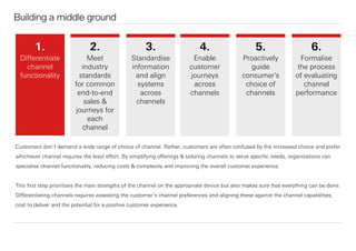 1.
Diﬀerentiate
channel
functionality
Building a middle ground
Customers don’t demand a wide range of choice of channel. Rather, customers are often confused by the increased choice and prefer
whichever channel requires the least eﬀort. By simplifying oﬀerings & tailoring channels to serve speciﬁc needs, organisations can
specialise channel functionality, reducing costs & complexity and improving the overall customer experience.
This ﬁrst step prioritises the main strengths of the channel on the appropriate device but also makes sure that everything can be done.
Diﬀerentiating channels requires assessing the customer’s channel preferences and aligning these against the channel capabilities,
cost to deliver and the potential for a positive customer experience.
2.
Meet
industry
standards
for common
end-to-end
sales &
journeys for
each
channel
3.
Standardise
information
and align
systems
across
channels
4.
Enable
customer
journeys
across
channels
5.
Proactively
guide
consumer's
choice of
channels
6.
Formalise
the process
of evaluating
channel
performance
 
