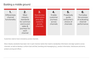 Building a middle ground
Customers need to have consistency across channels.
Once industry standards have been met in each channel, banks then need to standardise information and align systems across
channels, as well as develop a uniform look and feel, branding and messaging (e.g., product information, disclosures and terms,
product pricing and oﬀers).
1.
Diﬀerentiate
channel
functionality
2.
Meet
industry
standards
for common
end-to-end
sales &
journeys for
each
channel
4.
Enable
customer
journeys
across
channels
5.
Proactively
guide
consumer's
choice of
channels
6.
Formalise
the process
of evaluating
channel
performance
3.
Standardise
information
and align
systems
across
channels
 