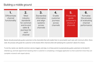 Building a middle ground
Banks should proactively guide customers to the channel(s) that will enable them to accomplish each task with minimum eﬀort. Done
well, the process will guide the customer to the lowest eﬀort channel while still satisfying the customer’s desire for choice.
To do this, banks can identify common service triggers and step in at these points to preemptively guide customers to the best-ﬁt
channel e.g. promote appointment booking when a customer is completing a mortgage application so that customers know they can
complete in-branch with expert advice.
1.
Diﬀerentiate
channel
functionality
2.
Meet
industry
standards
for common
end-to-end
sales &
journeys for
each
channel
3.
Standardise
information
and align
systems
across
channels
4.
Enable
customer
journeys
across
channels
6.
Formalise
the process
of evaluating
channel
performance
5.
Proactively
guide
consumer's
choice of
channels
 