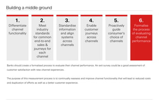 Building a middle ground
Banks should create a formalised process to evaluate their channel performance. An exit survey could be a good assessment of
customer satisfaction with new channel experiences.
The purpose of this measurement process is to continually reassess and improve channel functionality that will lead to reduced costs
and duplication of eﬀorts as well as a better customer experience.
1.
Diﬀerentiate
channel
functionality
2.
Meet
industry
standards
for common
end-to-end
sales &
journeys for
each
channel
3.
Standardise
information
and align
systems
across
channels
4.
Enable
customer
journeys
across
channels
5.
Proactively
guide
consumer's
choice of
channels
6.
Formalise
the process
of evaluating
channel
performance
 