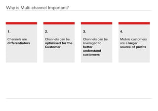 Why is Multi-channel Important?
1.
Channels are
diﬀerentiators
2.
Channels can be
optimised for the
Customer
3.
Channels can be
leveraged to
better
understand
customers
4.
Mobile customers
are a larger
source of proﬁts
 
