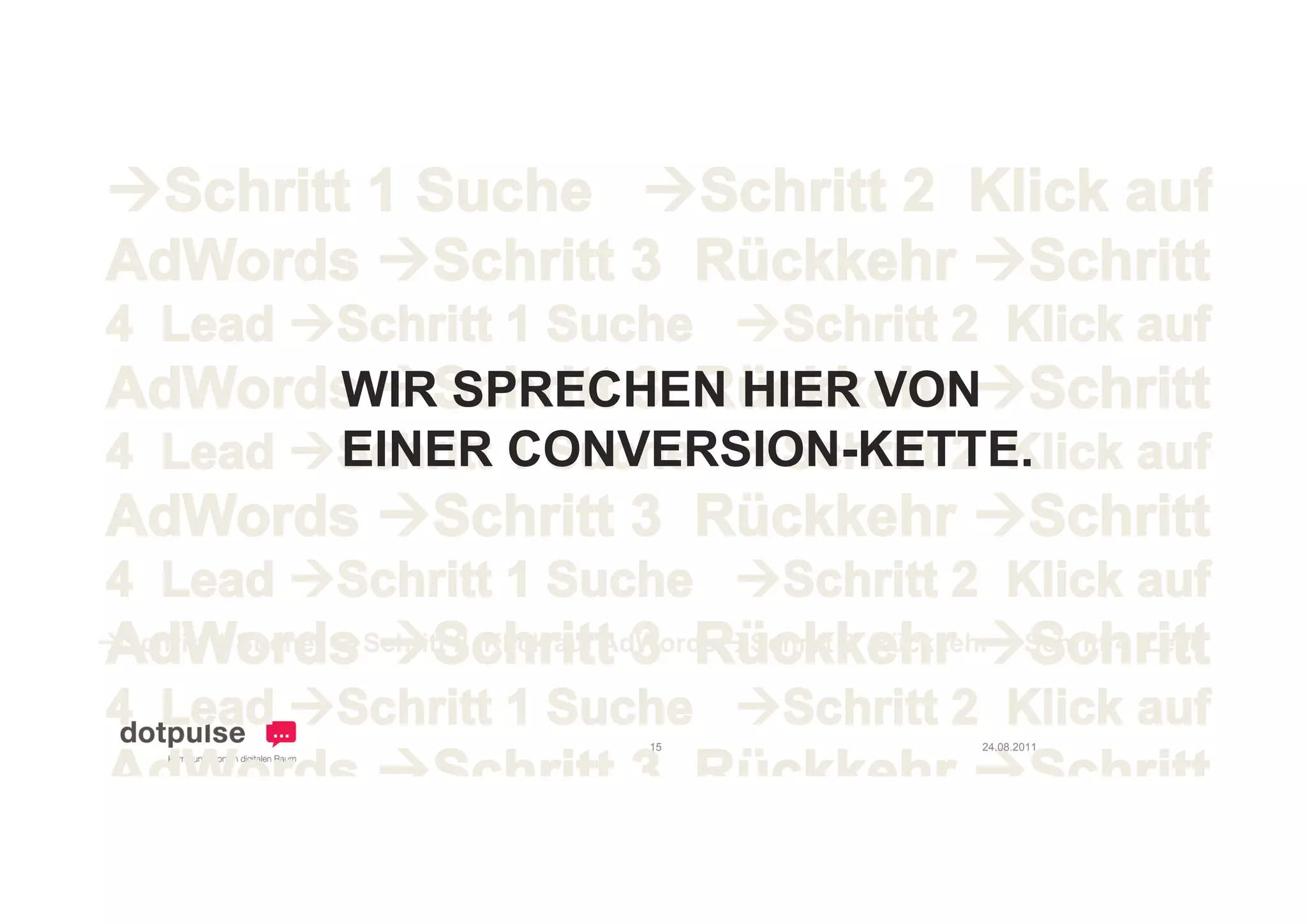 WIR SPRECHEN HIER VON
                 EINER CONVERSION-KETTE.
                       CONVERSION KETTE.


Schritt 1 Suche Schritt 2 Klick auf AdWords Schritt 3 Rückkehr Schritt 4 Lead


                                        15                      24.08.2011
 