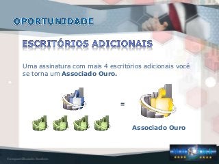 Associado Ouro
=
Uma assinatura com mais 4 escritórios adicionais você
se torna um Associado Ouro.
 