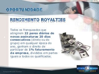 Todos os franqueados que
atingirem 22 pares diários de
novas assinaturas 20 dias
consecutivos (direto ou do
grupo) em qualquer época do
ano, ganham o direito de
participar de 1% faturamento
da empresa, divididos em partes
iguais a todos os qualificados.
 