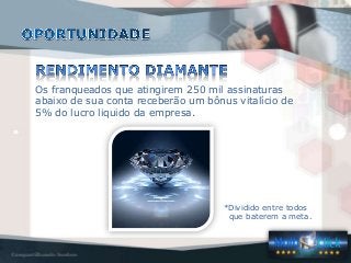 *Dividido entre todos
que baterem a meta.
Os franqueados que atingirem 250 mil assinaturas
abaixo de sua conta receberão um bônus vitalício de
5% do lucro liquido da empresa.
 