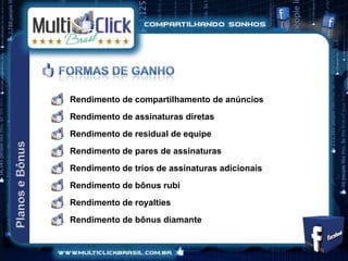 Rendimento de compartilhamento de anúncios
Rendimento de assinaturas diretas
Rendimento de residual de equipe
Rendimento de pares de assinaturas
Rendimento de trios de assinaturas adicionais
Rendimento de bônus rubi
Rendimento de royalties
Rendimento de bônus diamante
 