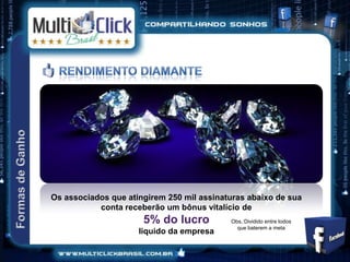 Os associados que atingirem 250 mil assinaturas abaixo de sua
           conta receberão um bônus vitalício de
                      5% do lucro          Obs.:Dividido entre todos
                                             que baterem a meta
                     liquido da empresa
 