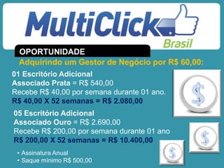 01 Escritório Adicional
Associado Prata = R$ 540,00
Recebe R$ 40,00 por semana durante 01 ano.
R$ 40,00 X 52 semanas = R$ 2.080,00
05 Escritório Adicional
Associado Ouro = R$ 2.690,00
Recebe R$ 200,00 por semana durante 01 ano
R$ 200,00 X 52 semanas = R$ 10.400,00
• Assinatura Anual
• Saque mínimo R$ 500,00
Adquirindo um Gestor de Negócio por R$ 60,00:
OPORTUNIDADE
 