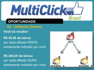 Você irá receber:
R$ 40,00 de bônus
por cada afiliado PRATA
diretamente indicado por você.
R$ 200,00 de bônus
por cada afiliado OURO
diretamente indicado por você.
02 – Afiliados Diretos:
OPORTUNIDADE
 