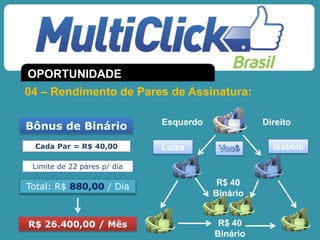 Bônus de Binário
Cada Par = R$ 40,00
Limite de 22 pares p/ dia
Total: R$ 880,00 / Dia
R$ 26.400,00 / Mês
Esquerdo Direito
Luíza Isabela
R$ 40
Binário
R$ 40
Binário
04 – Rendimento de Pares de Assinatura:
OPORTUNIDADE
 