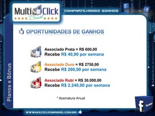 Associado Prata = R$ 600,00
Recebe R$ 40,00 por semana

Associado Ouro = R$ 2750,00
Recebe R$ 200,00 por semana

Associado Rubi = R$ 30.000,00
Recebe R$ 2.240,00 por semana

      * Assinatura Anual
 