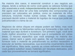 Na maioria dos casos, é essencial construir o seu negócio em
etapas, tendo a certeza de como você gasta os valiosos fundos que
são acessíveis a você, independentemente da origem do seu capital.
Até agora você deve ter uma lista completa dos componentes que
precisam ser colocados em prática, como os materiais de infra-
estrutura, incluindo muitas outras coisas. No lado criativo, você
precisará decidir sobre o material do logotipo da marca que pode ser
policarbonato e o tema da cor.
Negócios de vários cliques em etapas podem ser feitos, mas você
precisa procurar os fabricantes certos que fornecerão o tipo certo de
material que seja durável e duradouro. Em primeiro lugar, você será
muito melhor encontrar o fornecedor que é competente em várias
áreas. O recurso específico que você emprega na maioria dos
casos, menor será o gasto com gastos. Se um fornecedor puder
fornecer todo o material de policarbonato ou acrílico necessário e
executar as tarefas necessárias, sua economia orçamentária deverá
ser significativa. Mais tarde, quando as coisas estiverem decolando,
você poderá substituir esses materiais por recursos dedicados, pois
cada tipo provavelmente se tornará significativo.
 