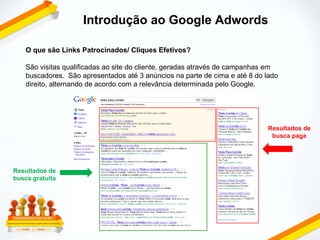 Introdução ao Google Adwords O que são Links Patrocinados/ Cliques Efetivos? São visitas qualificadas ao site do cliente, geradas através de campanhas em buscadores.  São a presentados até 3 anúncios na parte de cima e até 8 do lado direito, alternando de acordo com a relevância determinada pelo Google. Resultados de busca gratuita Resultados de busca paga 