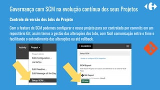 Controle de versão dos Jobs do Projeto
Com a feature de SCM podemos configurar o nosso projeto para ser controlado por commits em um
repositório Git, assim temos a gestão das alterações dos Jobs, com fácil comunicação entre o time e
facilitando o entendimento das alterações ou até rollback.
Governança com SCM na evolução contínua dos seus Projetos
 