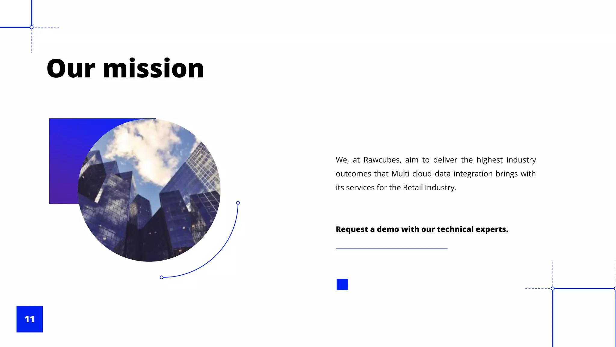 11
Our mission
We, at Rawcubes, aim to deliver the highest industry
outcomes that Multi cloud data integration brings with
its services for the Retail Industry.
Request a demo with our technical experts.
 