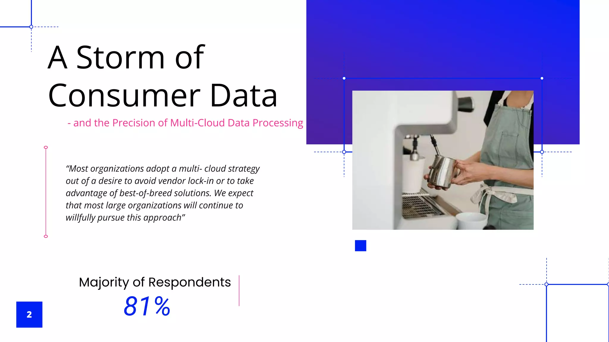 2
“Most organizations adopt a multi- cloud strategy
out of a desire to avoid vendor lock-in or to take
advantage of best-of-breed solutions. We expect
that most large organizations will continue to
willfully pursue this approach”
A Storm of
Consumer Data
Majority of Respondents
81%
- and the Precision of Multi-Cloud Data Processing
 
