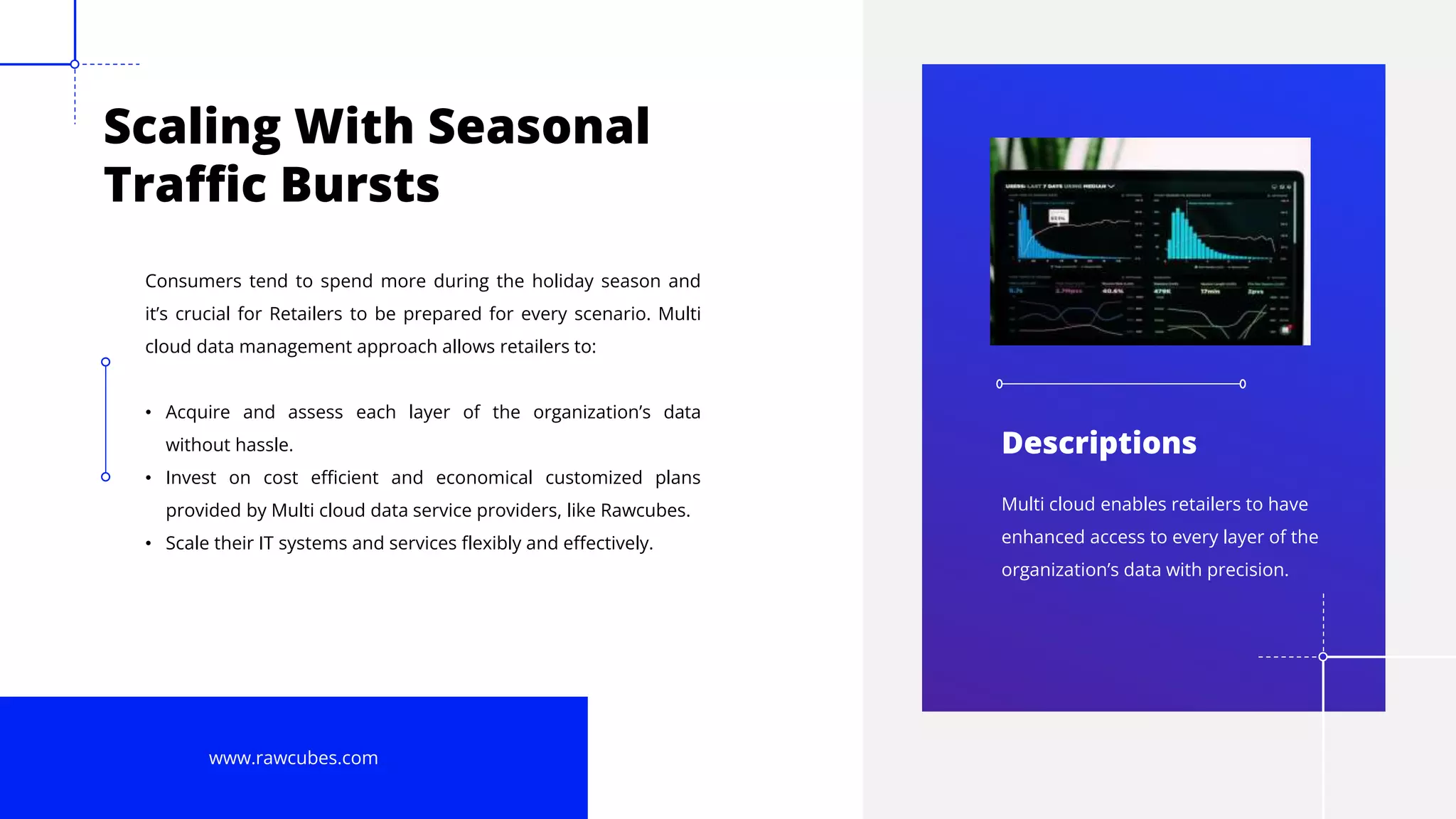 7
Scaling With Seasonal
Traffic Bursts
Consumers tend to spend more during the holiday season and
it’s crucial for Retailers to be prepared for every scenario. Multi
cloud data management approach allows retailers to:
• Acquire and assess each layer of the organization’s data
without hassle.
• Invest on cost efficient and economical customized plans
provided by Multi cloud data service providers, like Rawcubes.
• Scale their IT systems and services flexibly and effectively.
www.rawcubes.com
Multi cloud enables retailers to have
enhanced access to every layer of the
organization’s data with precision.
Descriptions
 