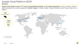 2 April 2021
Page 25
Google Cloud Platform (GCP)
Region
Current region with 3 zones
Future region with 3 zones
Frankfurt
Milan
Paris
London
São Paulo
Los Angeles
Oregon
Las Vegas
Sydney
Mumbai
Singapore
Jakatra
Hong Kong
Seoul
Tokyo
Osaka
Salt Lake City
S Carolina
N Virginia
Iowa
Montreal
Toronto
Santiago
Melbourne
Taiwan
Delhi
Doha
Madrid
Finland
Zurich
Warsaw
Netherlands
Belgium
Google Cloud Platform opera in 73 zone di disponibilità distribuite su 24 regioni geografiche in tutto il mondo. Inoltre, è
stato annunciato che verranno aggiunte 9 ulteriori regioni in Polonia, Qatar, Canada, Australia, India, Francia, Italia, Cile, e
Spagna
Regions worldwide
Countries
+24
+200
 