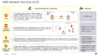 2 April 2021
Page 35
AWS Network Services (2/2)
PRICING
DESCRIZIONE DEL SERVIZIO
Amazon
CloudFront
Amazon
Route 53
Un virtual private network (VPN) estende un
private network attraverso un public network e
consente all’utilizzatore di inviare e ricevere dati
attraverso network condivisi o pubblici come se il
loro computing devices fosse direttamente
connesso al private network
$ / VPN / ora
Amazon CloudFront è un servizio CDN (Content Delivery Network)
che fornisce dati, video, applicazioni e API in modo sicuro, con
bassa latenza e con velocità di trasferimento elevate
• $/GB Data out of cache
• $/GB Data out of origin
• $/HTTP Request
Amazon Route 53 è un Domain Name System (DNS) web service che si contraddistingue per la sua scalabilità e
disponibilità. Connette le richieste degli users all’infrastruttura in esecuzione in AWS e può essere utilizzato per
instradare gli utenti al di fuori dell’infrastruttura di AWS
• $/hosted zone/mese
• $/Serving DNS queries
• $/policy record/mese
• $/Managing domain names
• $/health check/mese
• $/chiamate API ricevute
• $/Data transfer out/GB
• $/Cache Memory Size-
GB/ora
Amazon API Gateway è un servizio completamente gestito che semplifica agli sviluppatori la creazione, la
pubblicazione, la manutenzione, il monitoraggio e la protezione delle API su qualsiasi scala. Gestisce tutte le attività
coinvolte nell'accettazione e nell’elaborazione di chiamate API simultanee inclusa la gestione del traffico,
l’autorizzazione ed il controllo degli accessi, il monitoraggio e l’API version management
Amazon API
Gateway
VPN
 