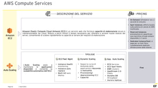 2 April 2021
Page 42
AWS Compute Services
PRICING
DESCRIZIONE DEL SERVIZIO
Amazon
EC2
Auto Scaling
Free
Amazon Elastic Compute Cloud (Amazon EC2) è un servizio web che fornisce capacità di elaborazione sicura e
ridimensionabile nel cloud. Riduce a pochi minuti il tempo necessario per ottenere e avviare nuove istanze del
server, consentendo di scalare rapidamente la capacità al variare dei requisiti di elaborazione
• On Demand: $/Instance- ora o
secondi di consumo
• Spot Instances: offerta basata
sulla potenza di calcolo di AWS
inutilizzata
• Reserved Instances:
prenotazione di capacità per
una macchina virtuale sempre
disponibile (1-3 anni)
• Dedicated Instance/Host: si
paga per un host fisico
completamente dedicato
all'esecuzione delle istanze
L’Auto Scaling aiuta a
mantenere le applicazioni
disponibili e consente la
scalabilità automatica dell’EC2
TIPOLOGIE
• Instance Health
monitoring
• Instance auto
replace
• Multi-AZ auto
deploy
EC2 Fleet Mgmt
1 Dynamic Scaling
2
• Segue la curva di
domanda delle
applicazioni riducendo
la manualità
• Provisioning/
deprovisioning EC2
• Capacità
App. Auto Scaling
3
• ECS Services
• EC2 Spot fleets
• EMR clusters
• AppStream 2.0
Fleets
• Dynamo DB
throughput
• Aurora replicas
 