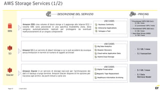 2 April 2021
Page 47
AWS Storage Services (1/2)
PRICING
DESCRIZIONE DEL SERVIZIO
EBS
S3
Glacier
Amazon EBS crea volume di block storge e li aggiunge alle istanze EC2. I
volume EBS sono posizionati in una specifica Availability Zone, dove
vengono automaticamente replicati per proteggere da eventuali
malfunzionamenti di un singolo componente
USE CASES
1 Business Continuity
2 Enterprise Applications
3 Sviluppo e Test
Provisioned IOPS SSD (io1)
• $ / GB / mese
• $ / provisioned IOPS / mese
Provisioned IOPS SSD (io1)
• $ / GB / mese
Hard Disk Drives (HDD)
• $ / GB / mese
Amazon S3 è un servizio di object storage a cui si può accedere da ovunque
senza limitazioni in termini di numero di oggetti archiviati
USE CASES
1 Big Data Analytics
2 Disaster Recovery
3 Cloud-native Application Data
4 Hybrid Cloud Storage
• $ / GB / mese
• $ / transaction
Amazon Glacier è un servizio di storage low-cost per l’archiviazione dei
dati e il backup a lungo termine. Amazon Glacier dispone di tre opzione per
l’accesso agli archivi, da pochi minuti a varie ore
USE CASES
1 Digital Preservation
2 Magnetic Tape Replacement
3 Healthcare Information Archiving
• $ / GB / mese
• $ / Data
Retrieve Model
 