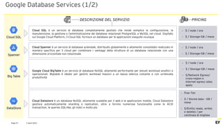 2 April 2021
Page 57
Google Database Services (1/2)
PRICING
DESCRIZIONE DEL SERVIZIO
Cloud SQL
Cloud SQL è un servizio di database completamente gestisto che rende semplice la configurazione, la
manutenzione, la gestione e l’amministrazione dei database relazionali PostgreSQL e MySQL nel cloud. Ospitato
sul Google Cloud Platform, il Cloud SQL fornisce un database per le applicazioni eseguite ovunque
• $ / node / ora
• $ / Storage-GB / mese
Spanner
Cloud Spanner è un servizio di database aziendale, distribuito globalmente e altamente consolidato realizzato in
maniera specifica per il cloud per combinare i vantaggi della struttura di un database relazionale con una
dimensione orizzontale non relazionale
• $ / node / ora
• $ / Storage-GB / mese
Big Table
Google Cloud BigTable è un servizio di database NoSQL altamente performante per elevati workload analitici e
operazionali. Bigtable è ideato per gestire workload massivi a un bassa latenza costante e con un’elevata
produttività
• $ / node / ora
• $ / Storage-GB / mese
• $/Network Egress/
cross-region e
internet egress rates
apply
DataStore
Cloud Datastore è un database NoSQL altamente scalabile per il web e le applicazioni mobile. Cloud Datastore
gestisce automaticamente sharding e replication, oltre a fornire numerose funzionalità come le ACID
transaction, le queries SQL-like, gli indici e molto più
• Free Tier
• $ / Stored data - GB /
mese
• $/Entity reads, writes
e deletes / per
centinaia di migliaia
 