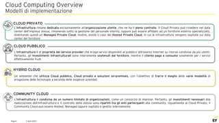 2 April 2021
Page 6
Cloud Computing Overview
Modelli di implementazione
CLOUD PRIVATO
L’infrastruttura rimane dedicata esclusivamente all’organizzazione utente, che ne ha il pieno controllo. Il Cloud Privato può risiedere nel data
center dell’impresa stessa, rimanendo sotto la gestione del personale interno, oppure può essere affidato ad un fornitore esterno specializzato,
diventando quindi un Managed Private Cloud. Inoltre, esiste il caso del Hosted Private Cloud, in cui le infrastrutture vengono ospitate sul data
center del fornitore
L’infrastruttura è di proprietà del service provider che eroga servizi disponibili al pubblico attraverso Internet su risorse condivise da più utenti.
Pertanto, gli investimenti infrastrutturali sono interamente sostenuti dal fornitore, mentre il cliente paga a consumo solamente per i servizi
effettivamente fruiti
CLOUD PUBBLICO
Un ambiente che utilizza Cloud pubblico, Cloud privato e soluzioni on-premises, con l’obiettivo di trarre il meglio delle varie modalità di
erogazione delle tecnologie a seconda delle esigenze aziendali
HYBRID CLOUD
L’infrastruttura è condivisa da un numero limitato di organizzazioni, come un consorzio di imprese. Pertanto, gli investimenti necessari alla
realizzazione dell’infrastruttura e il controllo della stessa sono ripartiti tra gli enti partecipanti alla community. Ugualmente al Cloud Privato, il
Community Cloud può essere Hosted, Managed oppure ospitato e gestito internamente
COMMUNITY CLOUD
 