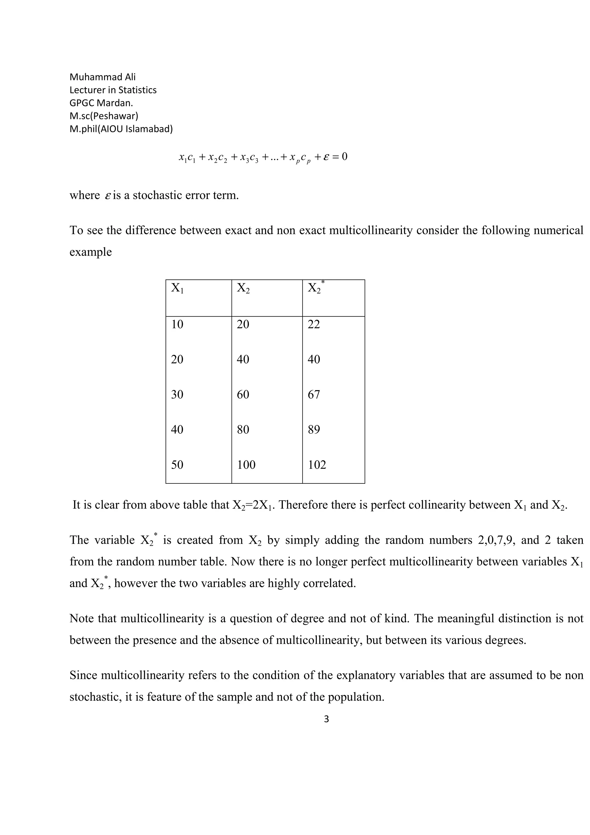 Muhammad Ali
Lecturer in Statistics
GPGC Mardan.
M.sc(Peshawar)
M.phil(AIOU Islamabad)
3
0...332211 =+++++ εpp cxcxcxcx
where ε is a stochastic error term.
To see the difference between exact and non exact multicollinearity consider the following numerical
example
X1 X2 X2
*
10
20
30
40
50
20
40
60
80
100
22
40
67
89
102
It is clear from above table that X2=2X1. Therefore there is perfect collinearity between X1 and X2.
The variable X2
*
is created from X2 by simply adding the random numbers 2,0,7,9, and 2 taken
from the random number table. Now there is no longer perfect multicollinearity between variables X1
and X2
*
, however the two variables are highly correlated.
Note that multicollinearity is a question of degree and not of kind. The meaningful distinction is not
between the presence and the absence of multicollinearity, but between its various degrees.
Since multicollinearity refers to the condition of the explanatory variables that are assumed to be non
stochastic, it is feature of the sample and not of the population.
 