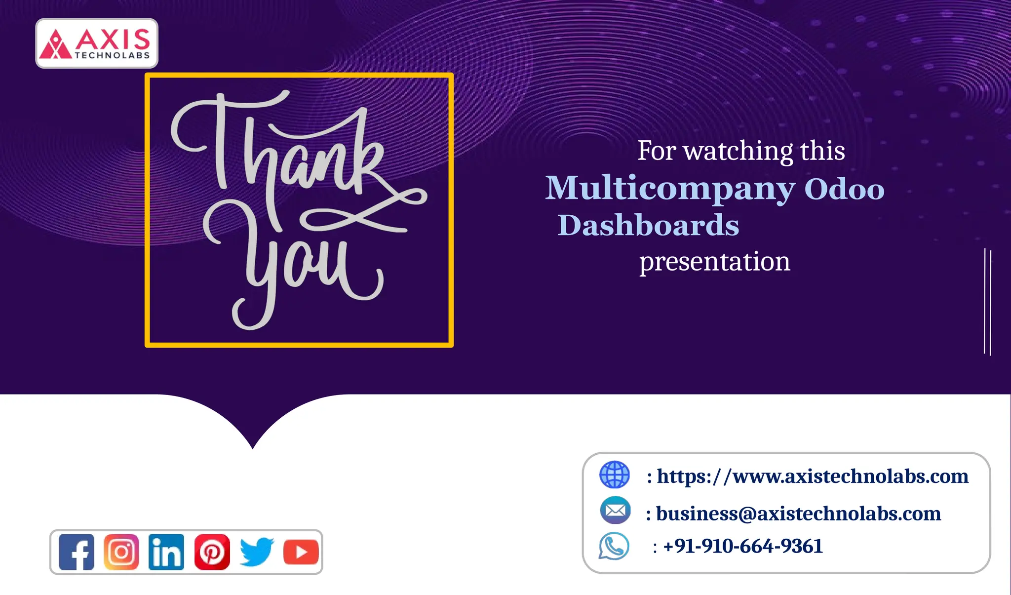 : https://www.axistechnolabs.com
: business@axistechnolabs.com
: +91-910-664-9361
For watching this
Multicompany Odoo
Dashboards
presentation
 