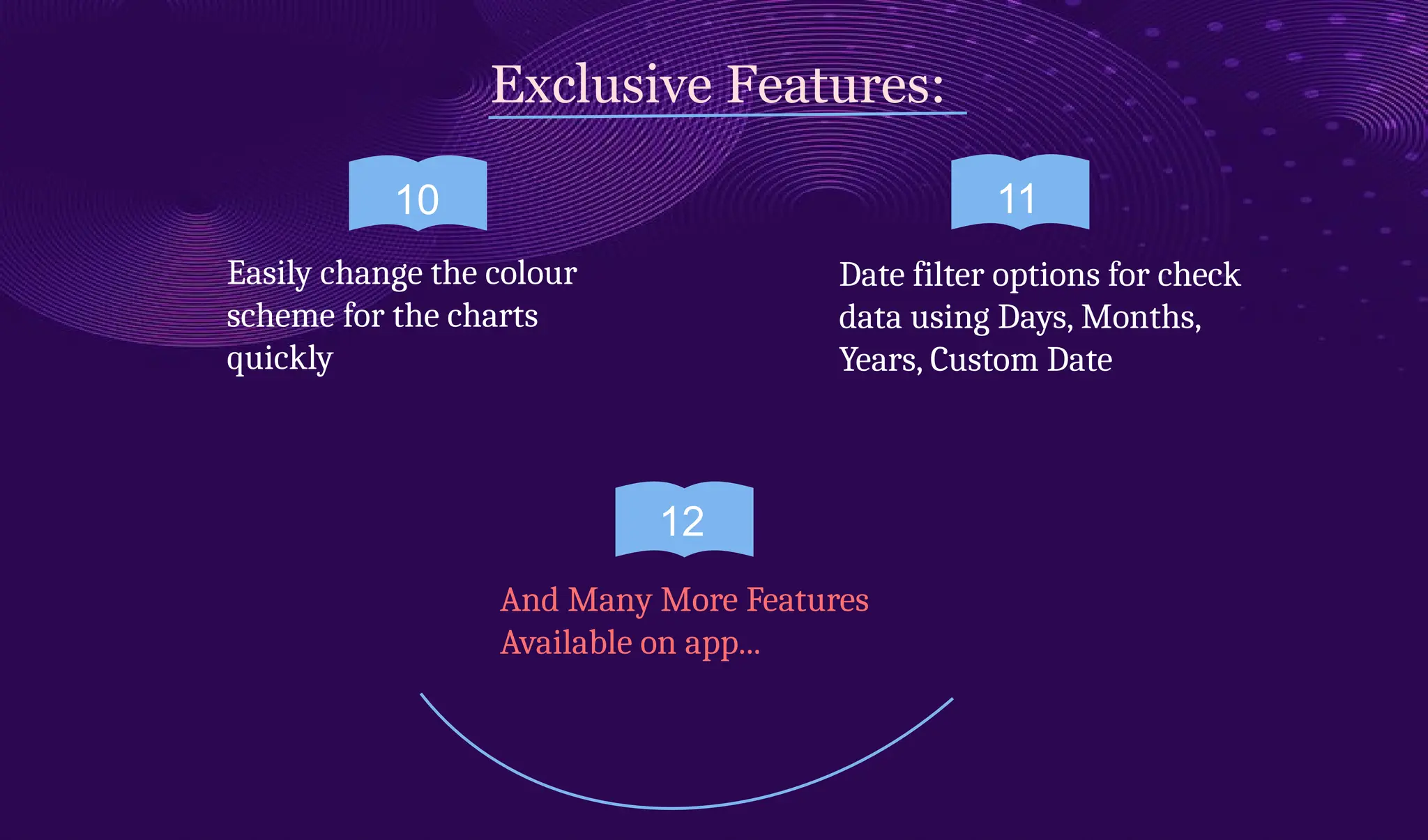 10
Exclusive Features:
11
12
Easily change the colour
scheme for the charts
quickly
Date filter options for check
data using Days, Months,
Years, Custom Date
And Many More Features
Available on app...
 