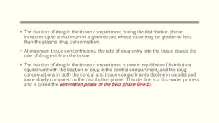 The fraction of drug in the tissue compartment during the distribution phase
increases up to a maximum in a given tissue, whose value may be greater or less
than the plasma drug concentration.
 At maximum tissue concentrations, the rate of drug entry into the tissue equals the
rate of drug exit from the tissue.
 The fraction of drug in the tissue compartment is now in equilibrium (distribution
equilibrium) with the fraction of drug in the central compartment, and the drug
concentrations in both the central and tissue compartments decline in parallel and
more slowly compared to the distribution phase. This decline is a first-order process
and is called the elimination phase or the beta phase (line b).
 
