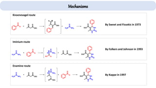 Iminium route
Enamine route
Knoenevagel route
By Kappe in 1997
By Folkers and Johnson in 1993
By Sweet and Fissekis in 1973
Mechanisms
 