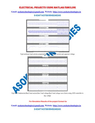 ELECTRICAL PROJECTS USING MATLAB/SIMULINK
Gmail: asokatechnologies@gmail.com, Website: http://www.asokatechnologies.in
0-9347143789/9949240245
For Simulation Results of the project Contact Us
Gmail: asokatechnologies@gmail.com, Website: http://www.asokatechnologies.in
0-9347143789/9949240245
Fig4.nonlinear load current,compensating current,feeder1 current and capacitor voltage
Fig5.Bus1 loadcurrent,Bus2 load current,Bus1 load voltage,Bus2 load voltage wave forms using ANN controller in
Mc- UPQC
 