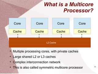 16
What is a Multicore
Processor?
Core
Cache
Core
Cache
Core
Cache
Core
Cache
L2 Cache

Multiple processing cores, with private caches

Large shared L2 or L3 caches

Complex interconnection network

This is also called symmetric multicore processor
 