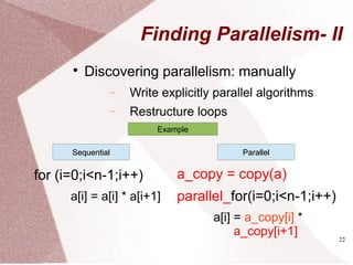 22
Finding Parallelism- II

Discovering parallelism: manually
− Write explicitly parallel algorithms
− Restructure loops
for (i=0;i<n-1;i++)
a[i] = a[i] * a[i+1]
a_copy = copy(a)
parallel_for(i=0;i<n-1;i++)
a[i] = a_copy[i] *
a_copy[i+1]
SequentialSequential ParallelParallel
Example
 