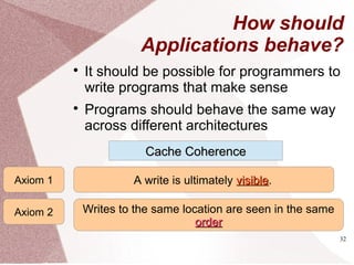32
How should
Applications behave?

It should be possible for programmers to
write programs that make sense

Programs should behave the same way
across different architectures
Cache CoherenceCache Coherence
A write is ultimately visiblevisible.
Writes to the same location are seen in the same
orderorder
Axiom 1
Axiom 2
 