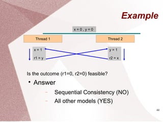 44
Example

Answer
− Sequential Consistency (NO)
− All other models (YES)
Is the outcome (r1=0, r2=0) feasible?
Thread 1 Thread 2
x = 0 , y = 0
y = 1
r2 = x
x = 1
r1 = y
 