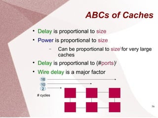 56

Delay is proportional to size

Power is proportional to size
− Can be proportional to size2
for very large
caches

Delay is proportional to (#ports)2

Wire delay is a major factor
ABCs of Caches
2
1010
18
# cycles
 