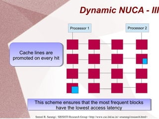Dynamic NUCA - III
Smruti R. Sarangi : SRISHTI Research Group <http://www.cse.iitd.ac.in/~srsarangi/research.html>
Processor 1 Processor 2
Cache lines are
promoted on every hit
Cache lines are
promoted on every hit
This scheme ensures that the most frequent blocks
have the lowest access latency
This scheme ensures that the most frequent blocks
have the lowest access latency
 