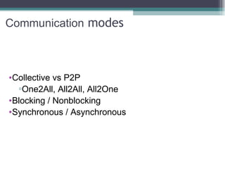 Communication  modes Collective vs P2P One2All, All2All, All2One Blocking / Nonblocking Synchronous / Asynchronous 