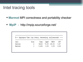 Intel tracing tools Marmot   MPI correctness and portability checker  MpiP   -  http://mpip.sourceforge.net/ 