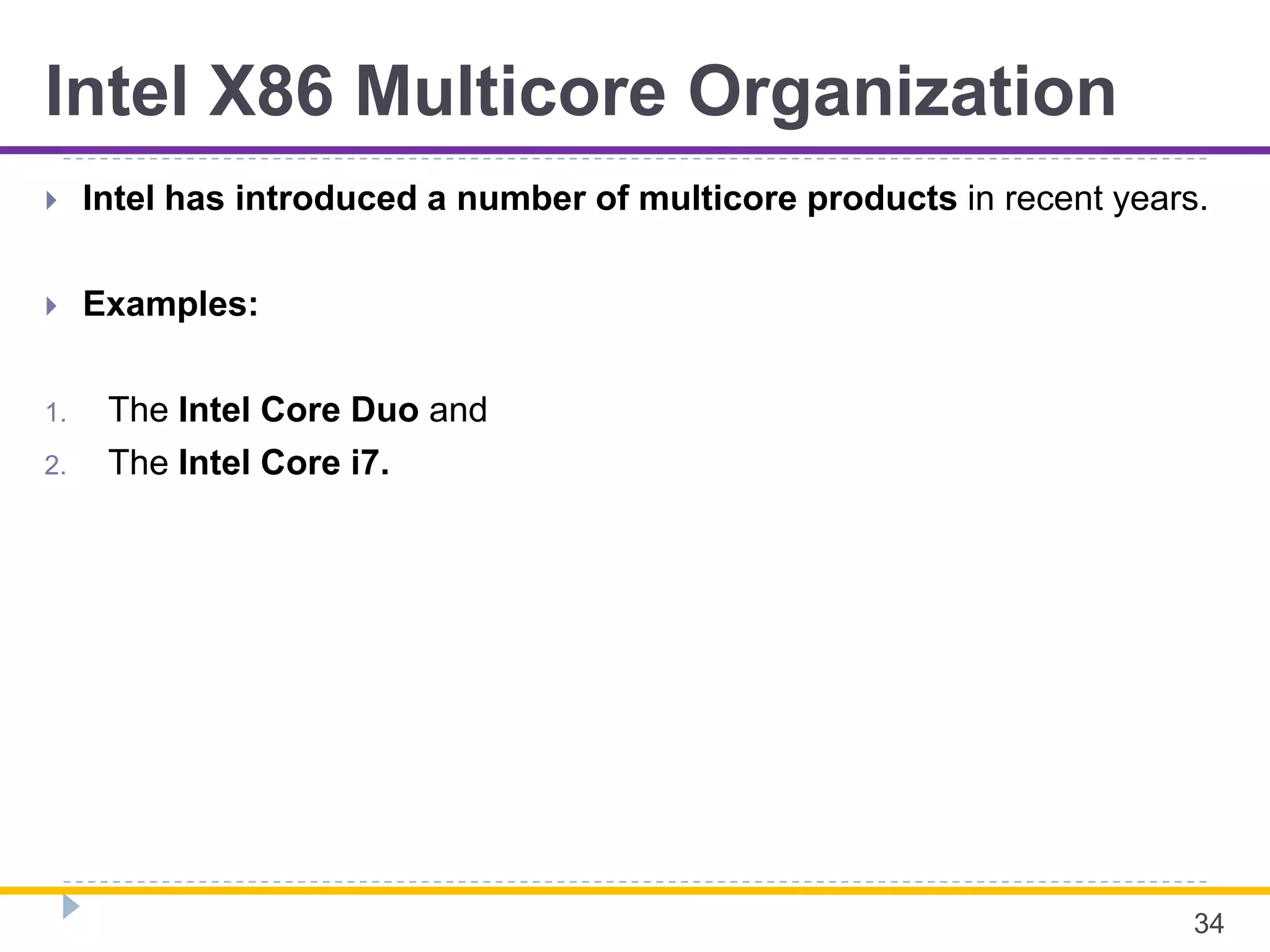 Intel X86 Multicore Organization
 Intel has introduced a number of multicore products in recent years.
 Examples:
1. The Intel Core Duo and
2. The Intel Core i7.
34
 