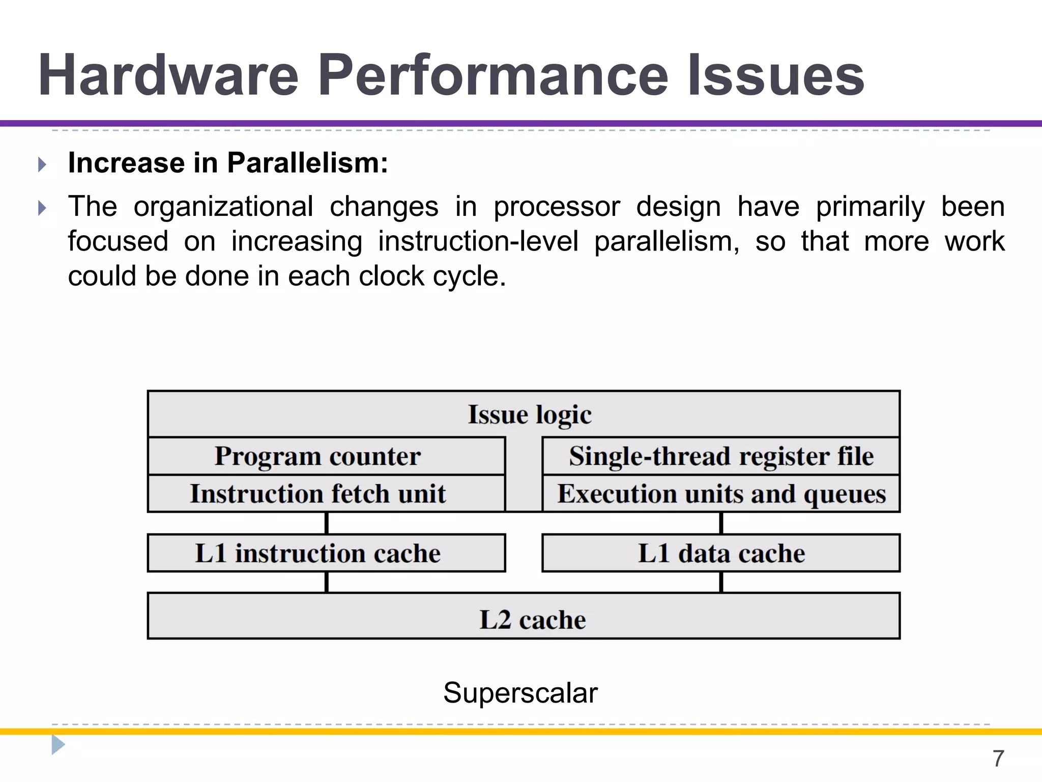 Hardware Performance Issues
 Increase in Parallelism:
 The organizational changes in processor design have primarily been
focused on increasing instruction-level parallelism, so that more work
could be done in each clock cycle.
7
Superscalar
 