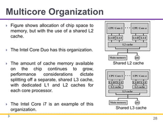 Multicore Organization
 Figure shows allocation of chip space to
memory, but with the use of a shared L2
cache.
 The Intel Core Duo has this organization.
 The amount of cache memory available
on the chip continues to grow,
performance considerations dictate
splitting off a separate, shared L3 cache,
with dedicated L1 and L2 caches for
each core processor.
 The Intel Core i7 is an example of this
organization.
28
Shared L2 cache
Shared L3 cache
 