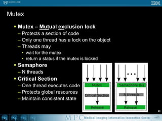 Parallel concepts for SMPProcessStarted by the OSSingle thread executes “main”No direct access to memory of other processesThreadsStream of execution under a processAccess to memory in containing processPrivate memoryLifetime may be less than main threadConcurrencyCoordination between threadsHigh level (mutex, locks, barriers)Low level (atomic operations)17