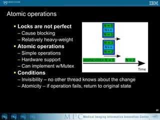 #include <pthread.h>// Thread work function, must return pointer to voidvoid *doWork(void *work) {  // Do work  return work; // equivalent to pthread_exit ( myWork );}...pthread_t child;...rc=pthread_create(&child, &attr, doWork, (void *)work);...rc = pthread_join ( child, &threadwork );...Thread construction – pthread example19
