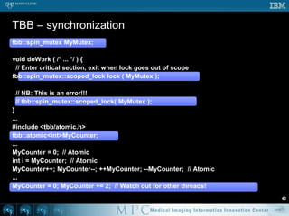 OpenMP – single37int TotalAmountOfWork = 0;#pragmaomp parallel for reduction ( + : TotalAmountOfWork )for ( int i = 0; i < NumberOfIterations; i++ ) {  // Threads scatter here  // each thread has a private copy of iTotalAmountOfWork += doSomeWork( i );  #pragmaomp single nowait  {    // Execute by one thread, use “master” for the main threadreportProgress ( TotalAmountOfWork );  }  // !! No implicit barrier because of “nowait” clause !!}// Implicit barrier